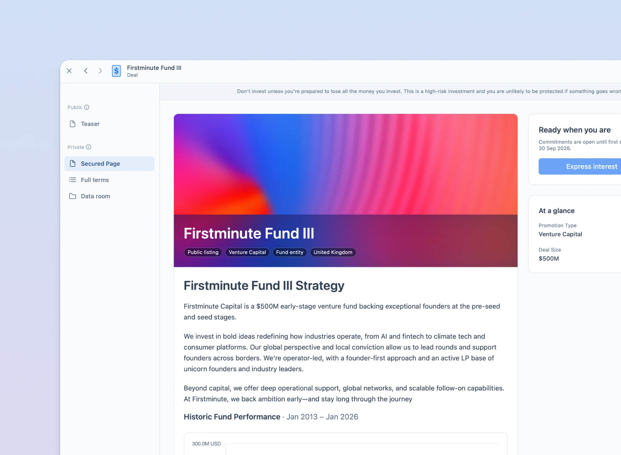 A branded fund deal page in FlowwOS