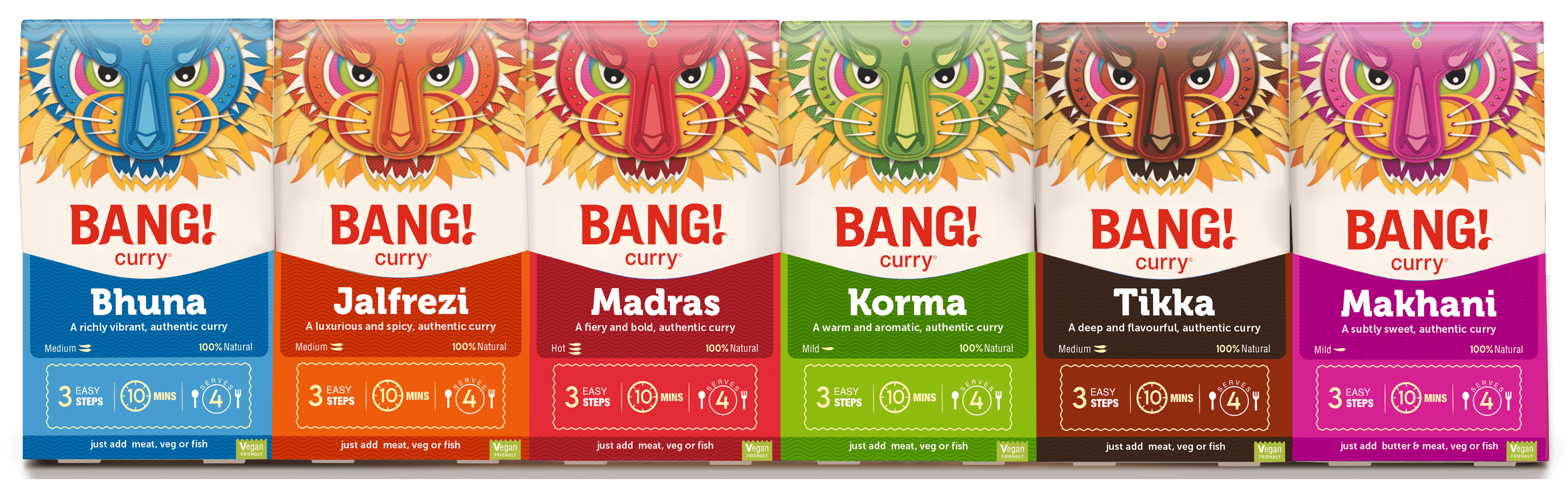 Image of Bang Curry retail product range packaging including Jalfrezi, Madras, Korma, Makhani, Bhuna, and Tikka.